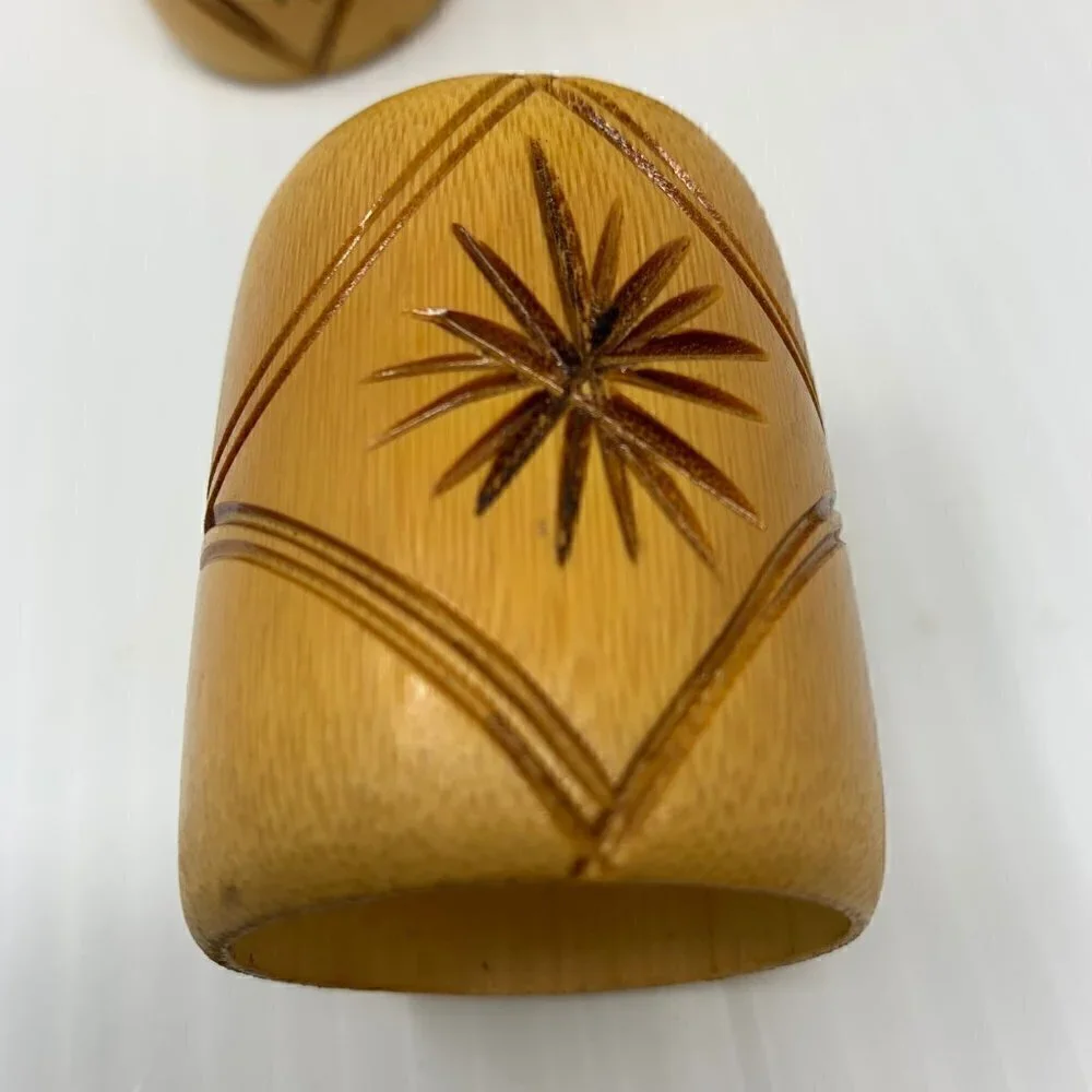 Bamboo Napkin Rings Etched Star Set of Six Vintage Wood Tableware Serving